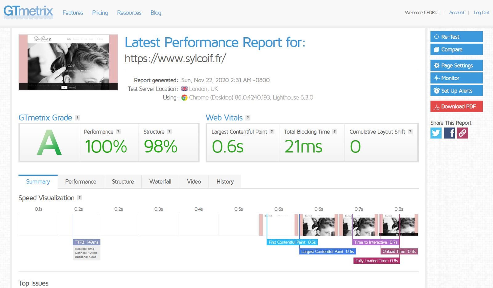 GTMetrix et sa page de résultat