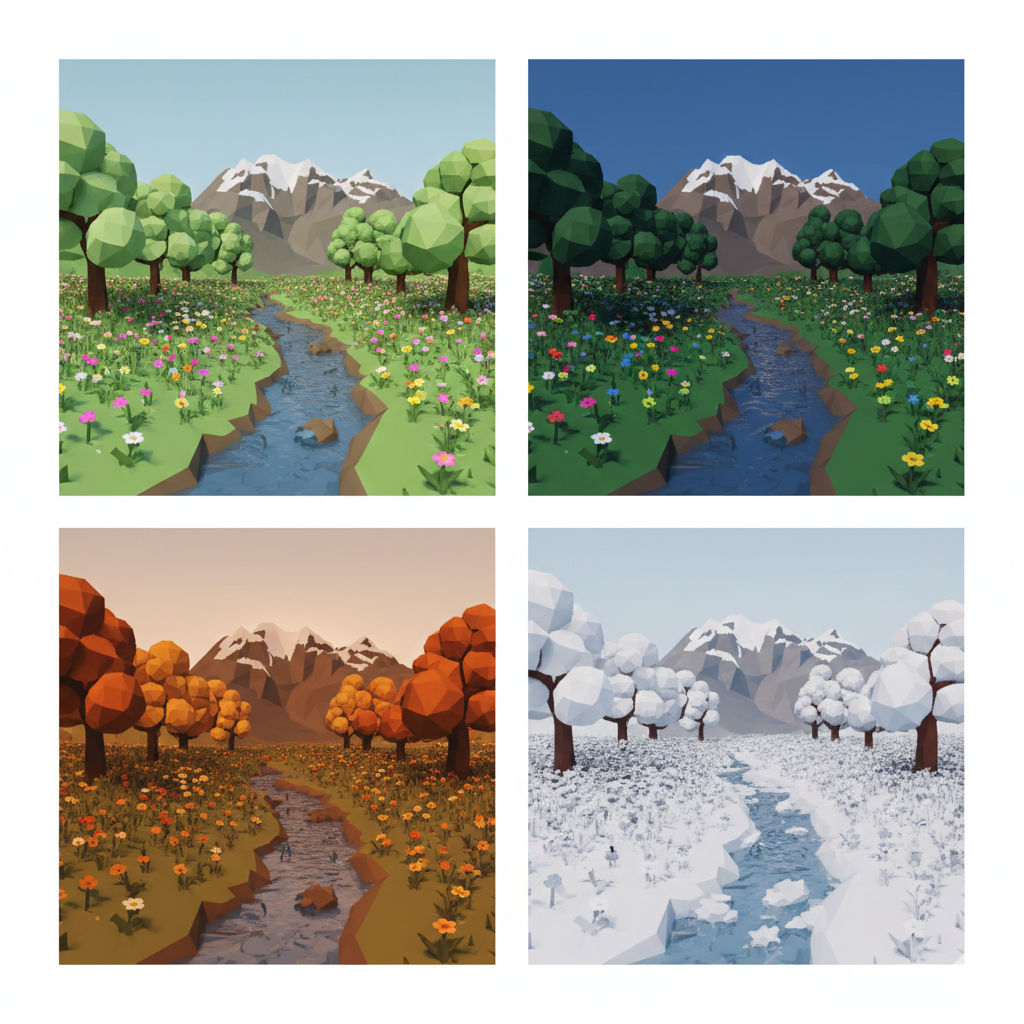 Paysage - 4 saisons, style polygones