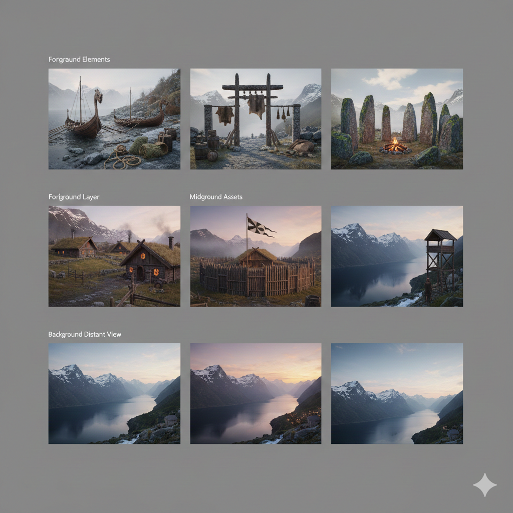 village viking plans de profondeur, photoréaliste